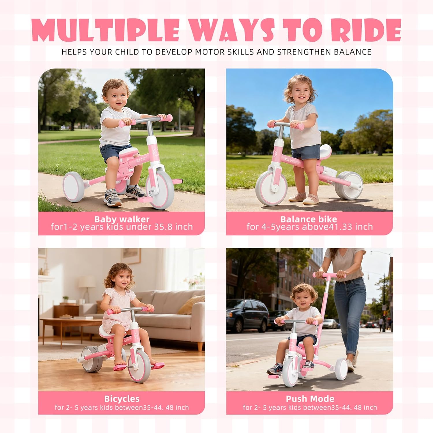 XJD Toddler Tricycle for 1-3 Year Olds, 5-in-1 Toddler Bike with Adjustable Push Handle, Balance Bike, Adjustable Seat & Removable Pedal, Birthday Gift Toy for Boys and Girls(Pink)