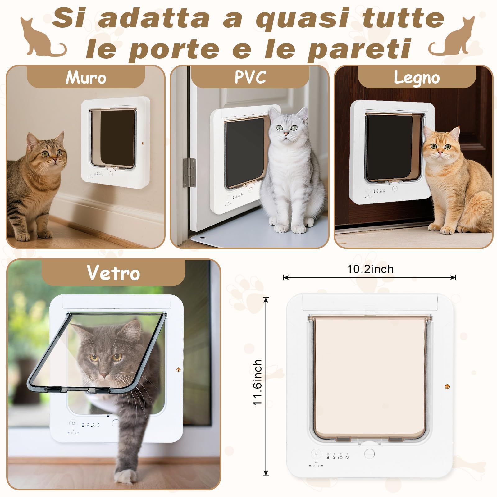Gattaiola per Gatti Con Microchip, 3 Chiavi Con Sensore a Collare e 1 Telecomando, Porta per Gatti Con Chiusura a 4 Vie e Sensore a Collare RFID (Bianco)