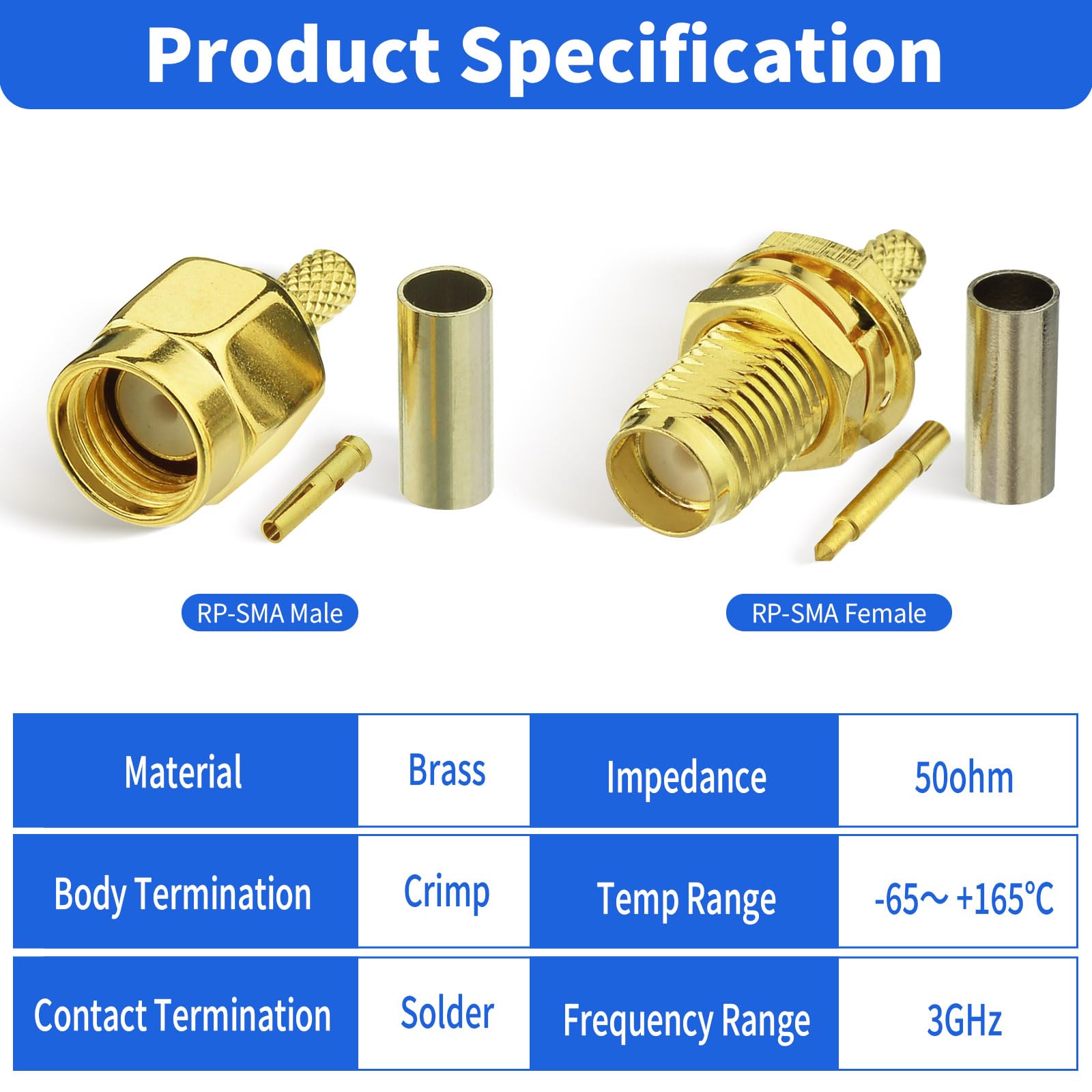 Superbat RG174 RPSMA Crimp Connector Kit 50ohm RPSMA Male+Female Solder Coax Connector for RG174 RG316 RG188 RG188A LMR100 Cable 10Pcs - Image 3