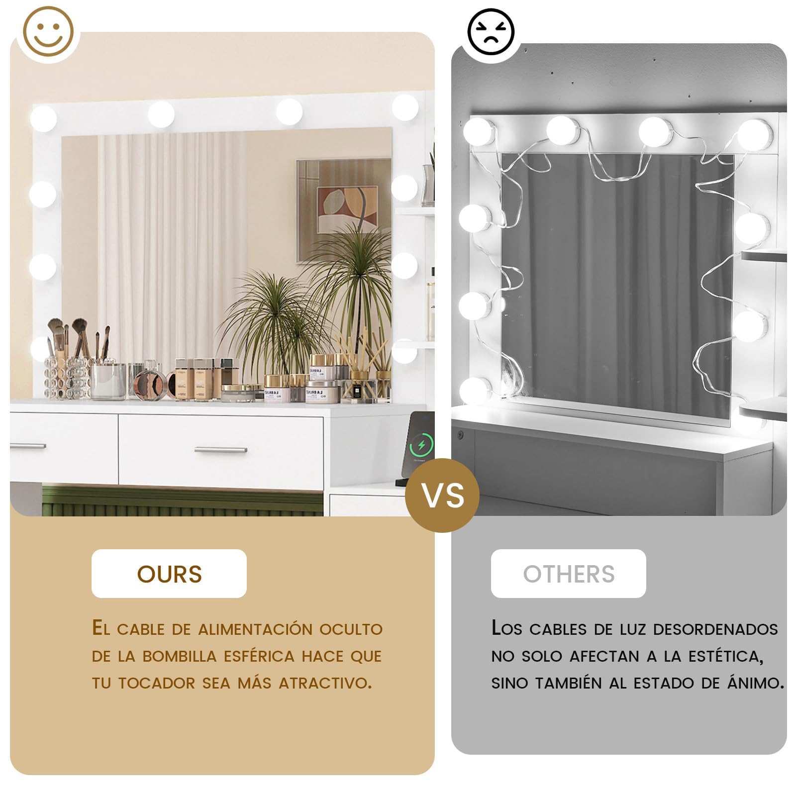 FIONESO 110cm Tocador de Maquillaje con Espejo Grande y Luces LED, Mesa de Maquillaje con 5 Cajones, 2 Estantes Abiertos, para Niñas, Blanco