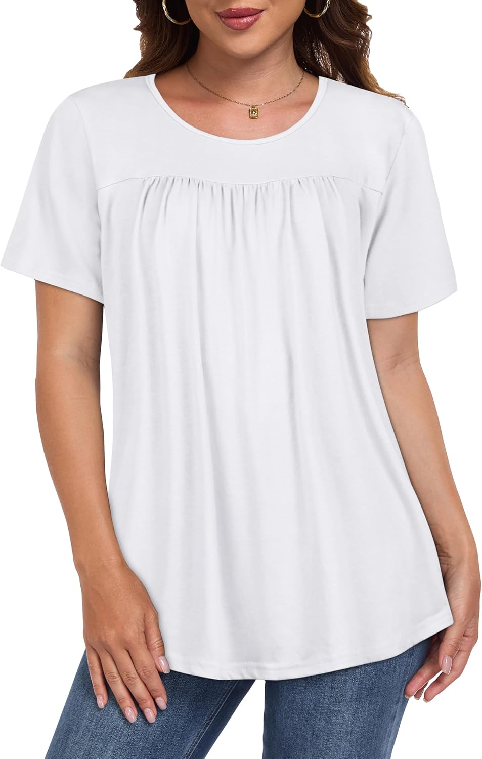 Womens T Shirts Short Sleeve Tops Casual Pleated Front Blouses Flowy Scooped Neck Summer Outfits - Image 2