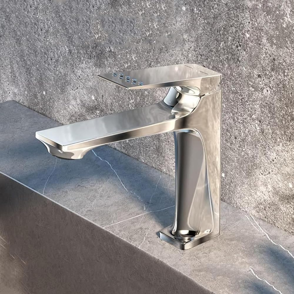 Grifo para Lavabo de baño, Grifo de Lavabo con Agua fría y Caliente, Grifo Monomando de latón para baño, Gris Cepillado