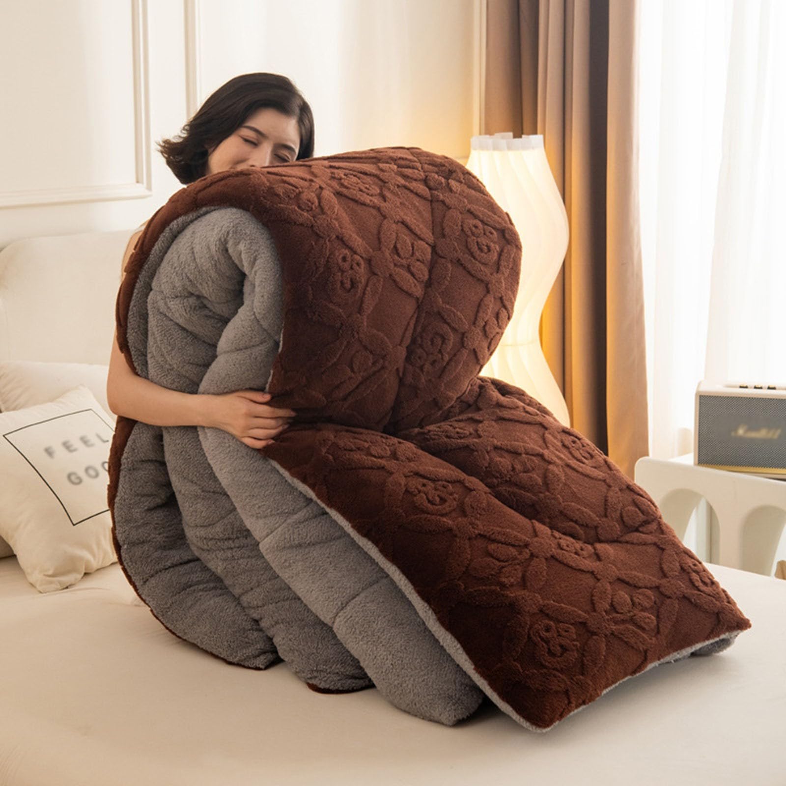 Rusopobe Fluffy Sherpa Fleece Comforter King/Queen, Ginkgo Leaf Lamb Fleece Quilt Lamb Cashmere Thick Warm Quilt Core Reversible Plush Shaggy Quilts Blanket(G,200x230cm/5.0kg)