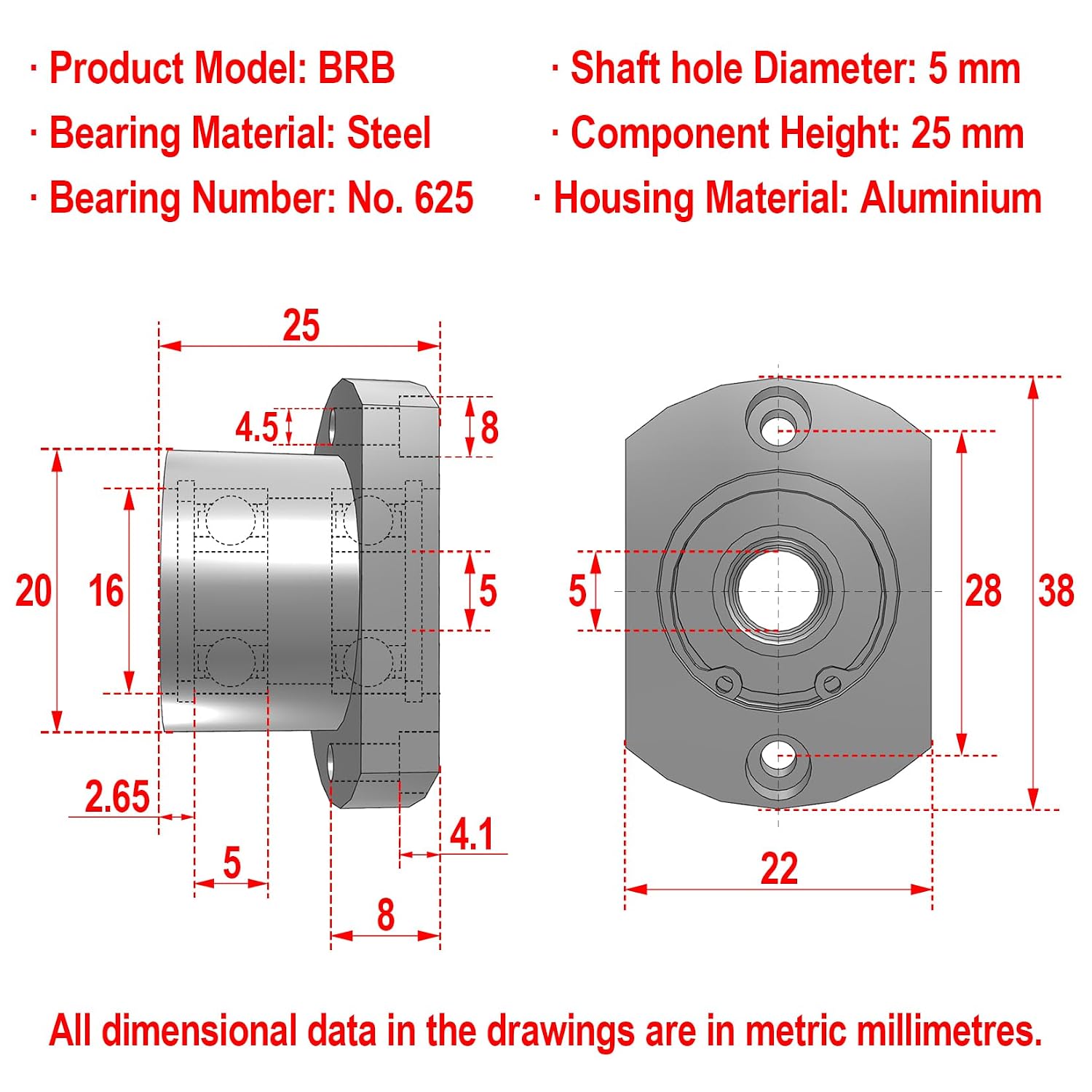 AUZHU- BRC - Metric- Double Bearings with Housing, Aluminium Alloy Round Flange Seat, Configurable Length, Deep Groove Ball Bearings with Retaining Ring Size: D 5 mm, L 25 mm, Bearing No.625