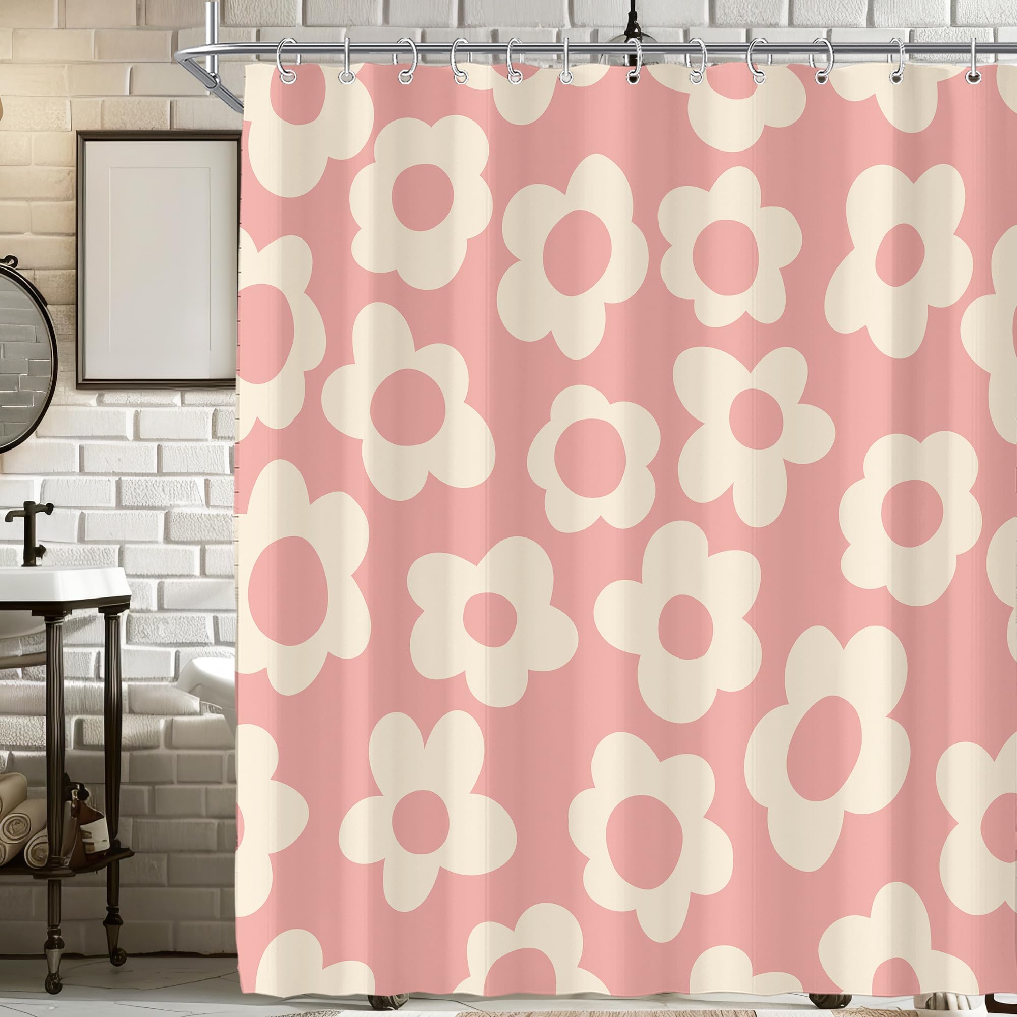 Pink Cute Girly Retro Floral Abstract Shower Curtain for Bathroom 72W*72H Inch Girl 70s Lovely Vintage Flower Aesthetic Funky Bathtub Decor Modern