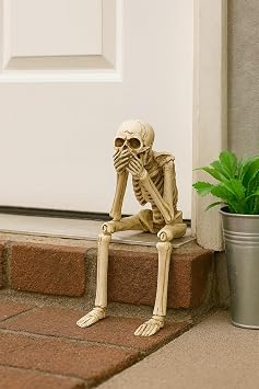 Decorative Sitting Skeleton Figurine, Resin Halloween Statue, Ivory White, Indoor Outdoor Garden Decor, Cover Ones Mouth