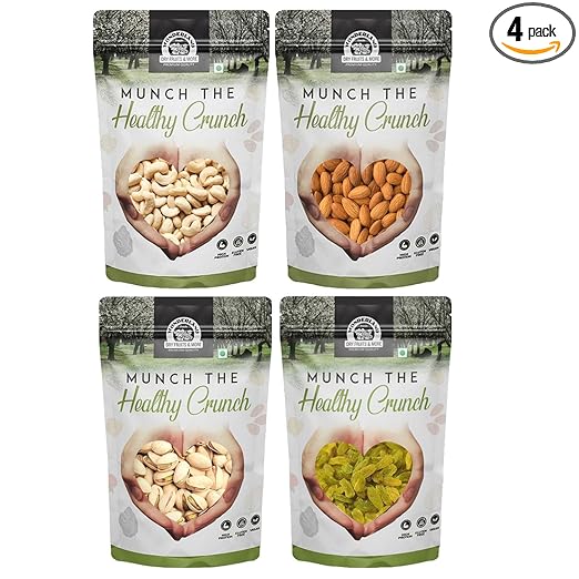 WONDERLAND FOODS Dry Fruits Combo 1Kg (250g X 4) Pouch Pack of Almonds, Cashews, Raisin, Roasted Salted Pistachio | Daily Needs Combo | Mix Dry Fruits | Mixed Dried Fruits | DNP Combo Pack