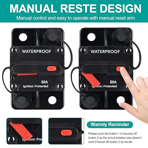 Miniatura 3 de Disyuntor de 60 amperios, con reinicio manual, impermeable, 12V-48V CC, 30-304A, para motores marinos de arrastre de automóvil, barco, ATV,