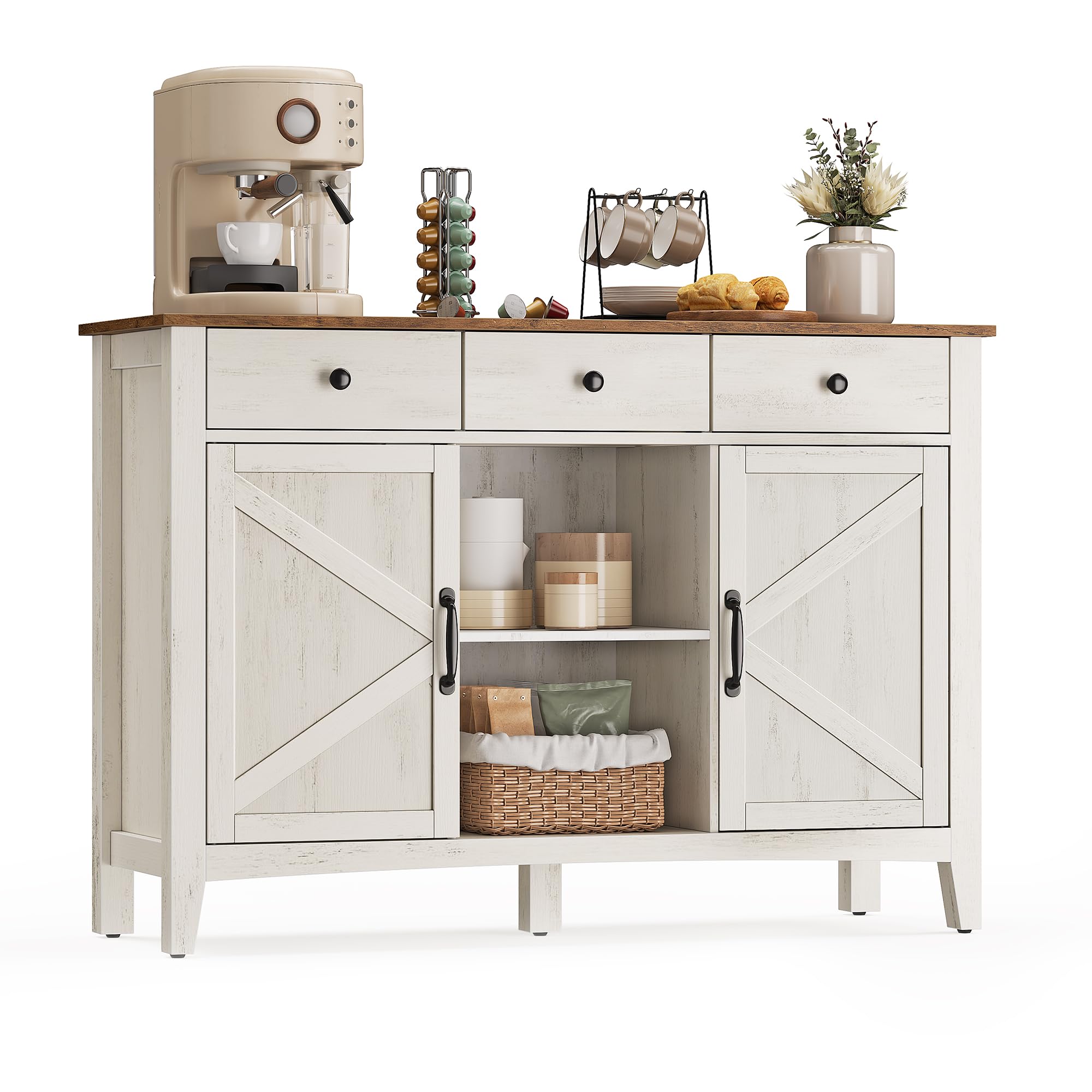 VASAGLE Buffet, Meuble de Rangement avec Tiroir, Meuble de Cuisine, avec Portes, Étagère Réglable, Style Campagne, pour Salon, 40 x 114,5 x 80 cm, Blanc Rustique et Marron Miel BBK371W02V1