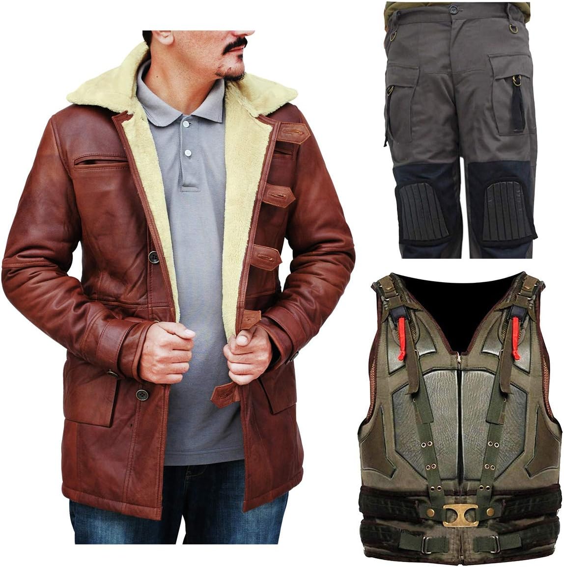 SpazeUp Mens Winter Faux Shearling Sheepskin Leather Trench Coat - Bne Costume Adult Men Tactical Vest Coat Pant