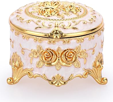 Hipiwe Vintage Round Jewelry Box Small Metal Trinket Storage Organizer | Gold Chest Ring Case Treasure Boxes Keepsake Boxes Earrings Necklace Storage Box Gift for Women