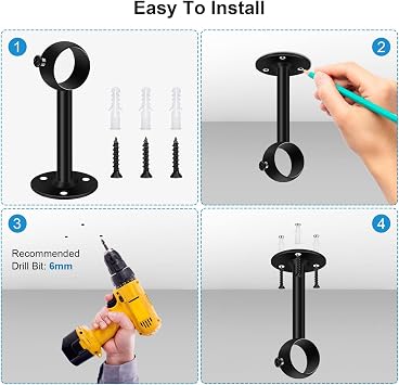 Ceiling Curtain Pole Brackets, 32mm Black Curtain Rod Holder Rail Brackets 2 Pack Heavy Duty Metal Curtain Pole Hangers Stainless Steel Closet Wardrobe Rod Bracket Supports with Screws