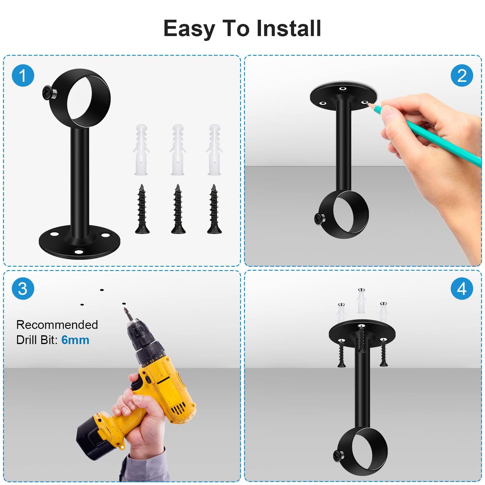 4 Supporti Per Aste Tende Jingming - In Ferro Verniciato Nero, Per Diametri Fino A 22 Mm, Facili Da Installare