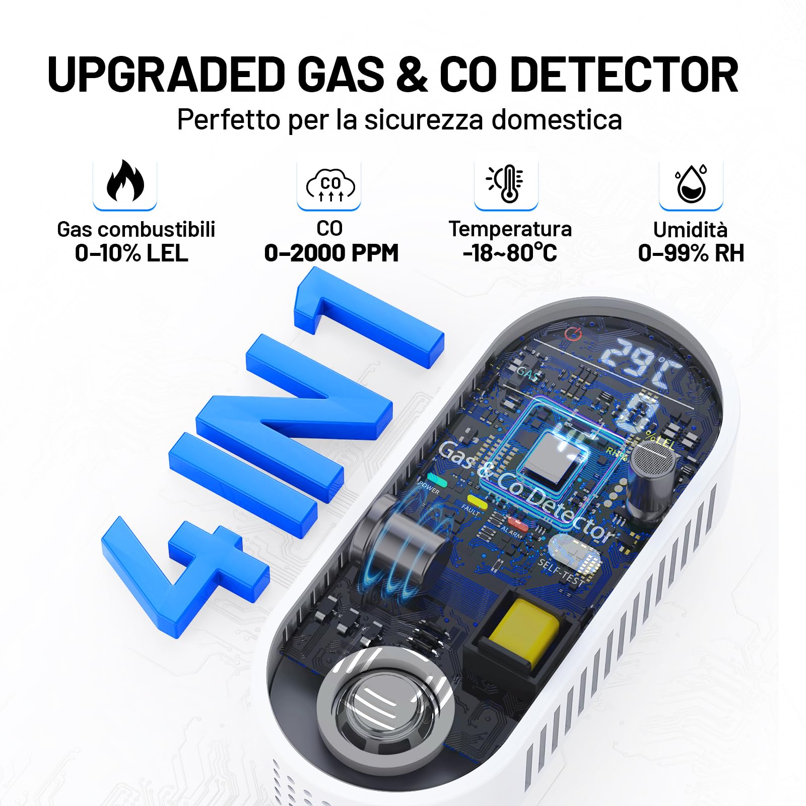 YOJOCK 4-in-1 Rilevatore di Gas e Monossido di Carbonio, Rilevamento CO fino a 2000PPM, Sensori per Gas Naturale, LPG, Metano, Propano, Temperatura e Umidità, Auto-Test