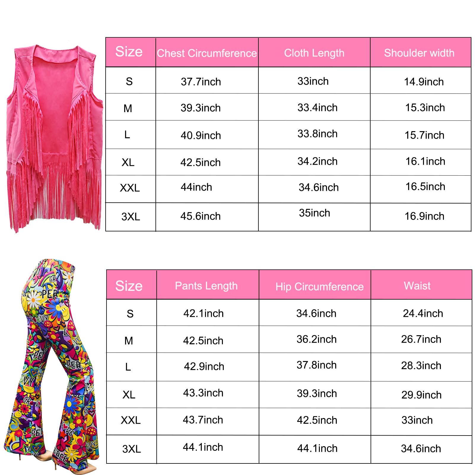 5 Stück 60er 70er Jahre Hippie Kostüm Disco Outfits Fransenweste Boho Schlaghosen Frieden Zubehör Set Halloween für Frauen Karnevalskostüm