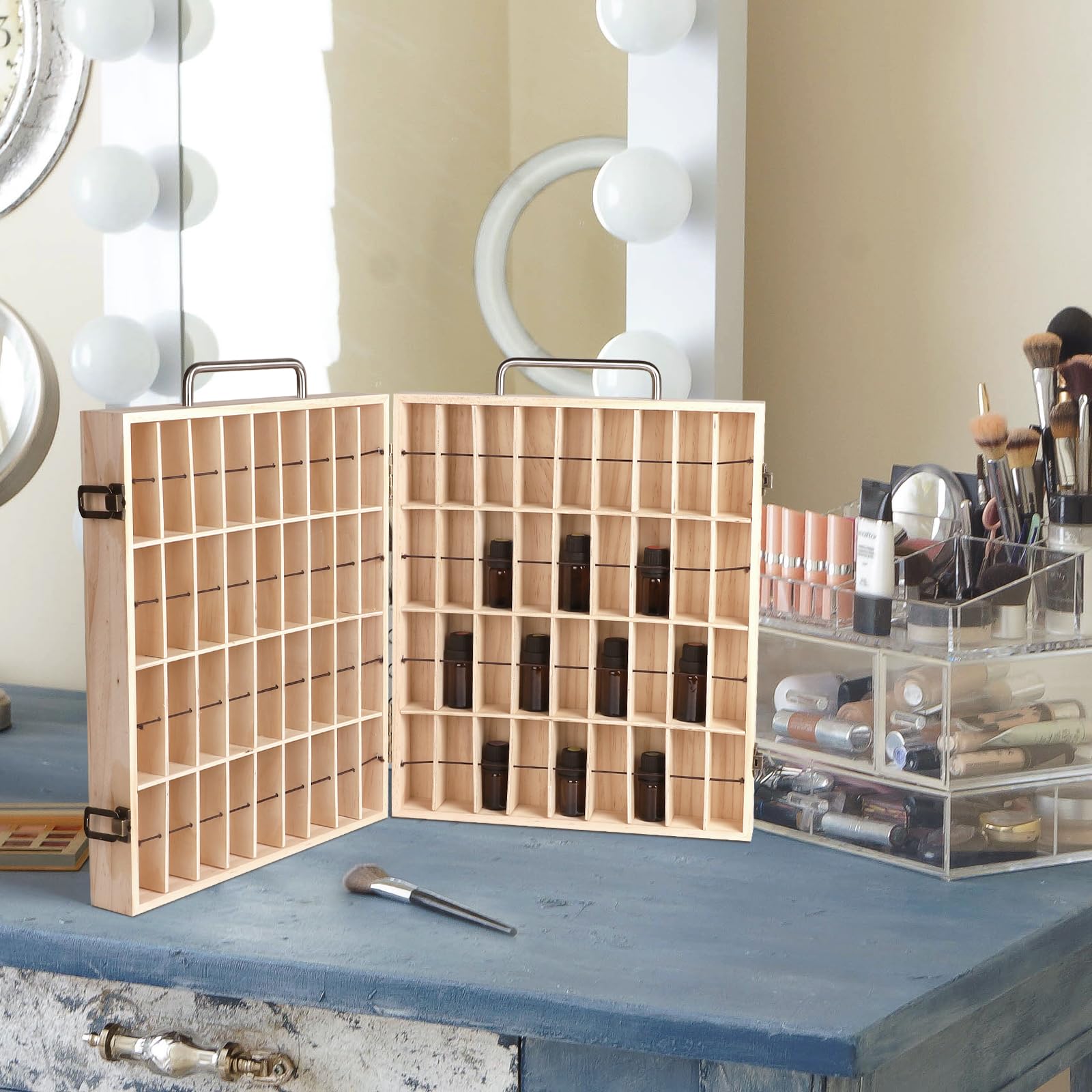CPROSP 72 Ranuras Caja Almacenaje Madera Aceites Esenciales, Caja de Almacenaje de Madera de Aceites Esenciales y Aromaterapia, para Perfumes, CosméTica, Fragancias, Makeup y Pintalabios