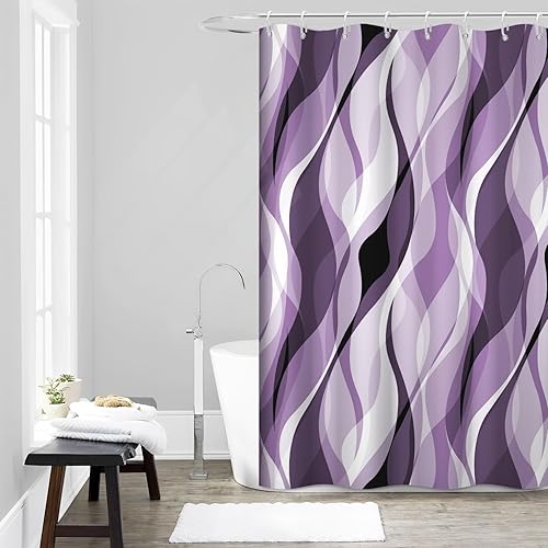 Miniatura 23 de Cortina de ducha gris, juego de cortina de ducha moderna abstracta a rayas negras y grises para baño, cortina de ducha impermeable blanca y gris