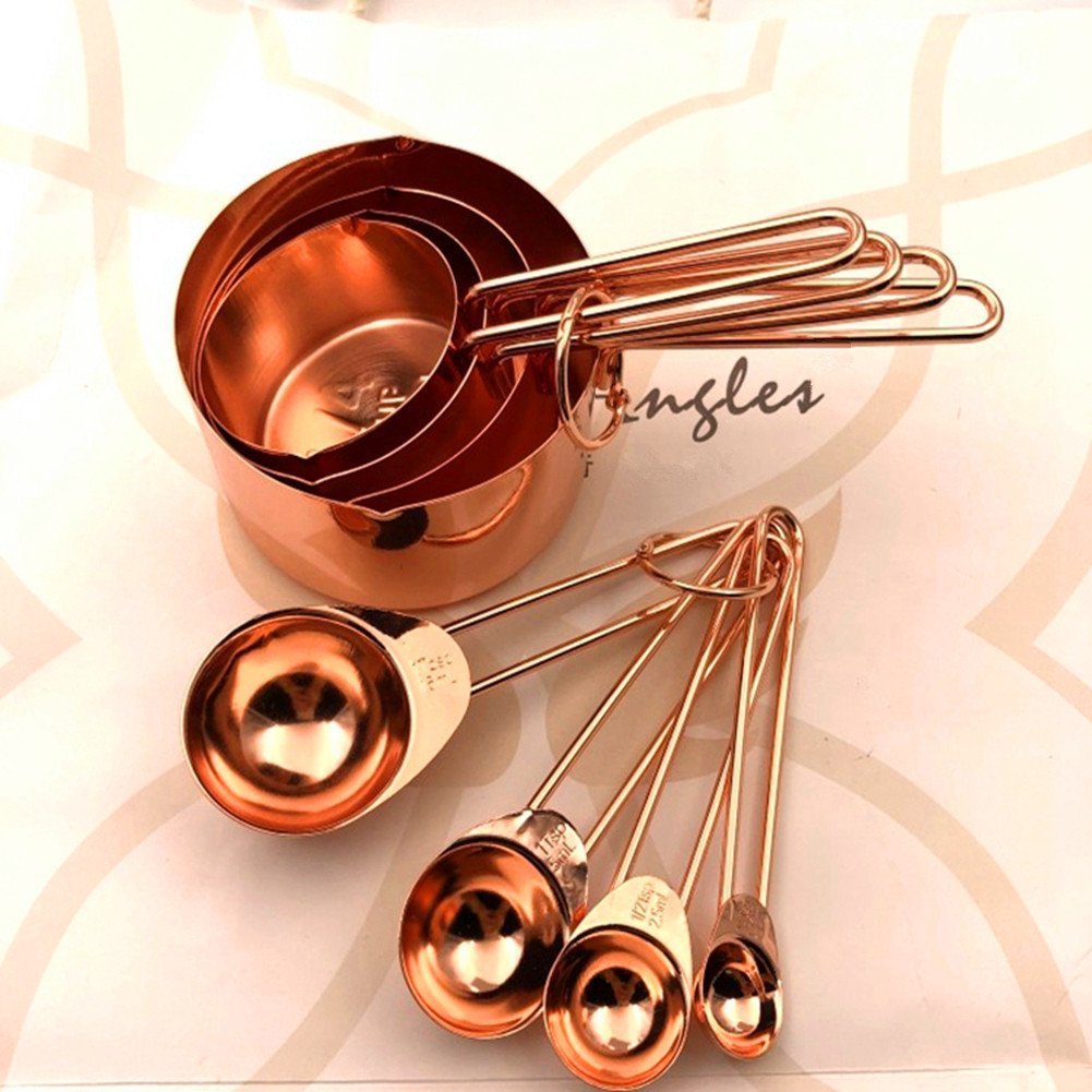 KAISHANE Copper Stainless Steel Measuring Cups and Spoons Set of 8 Engraved Measurements, Pouring Spouts & Mirror Polished for Baking and Cooking Include Magnetic Measurement Conversion Chart by