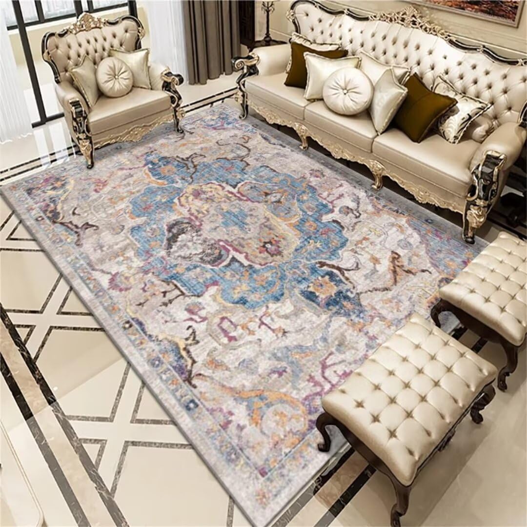 Tapis insonorisant bleu oriental 140x200cm à motif vintage extérieur et salon