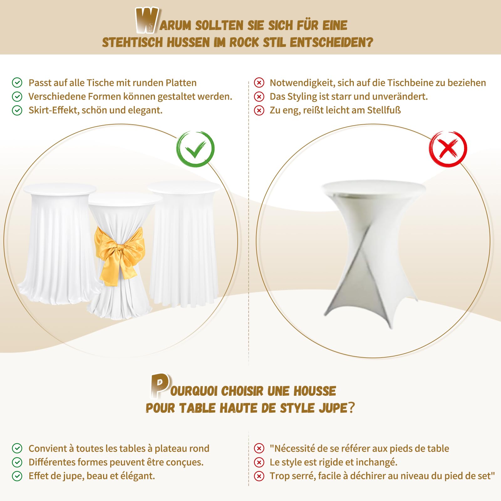 Teruntrue 3 Pezzi Bianco Fodera Tavolo Alto Tovaglia con gonna 80x110cm Tovaglia da cocktail in spandex Ø80-85cm Copritavolo per Tavolo da Party di Matrimonio da Bar Matrimoni Catering