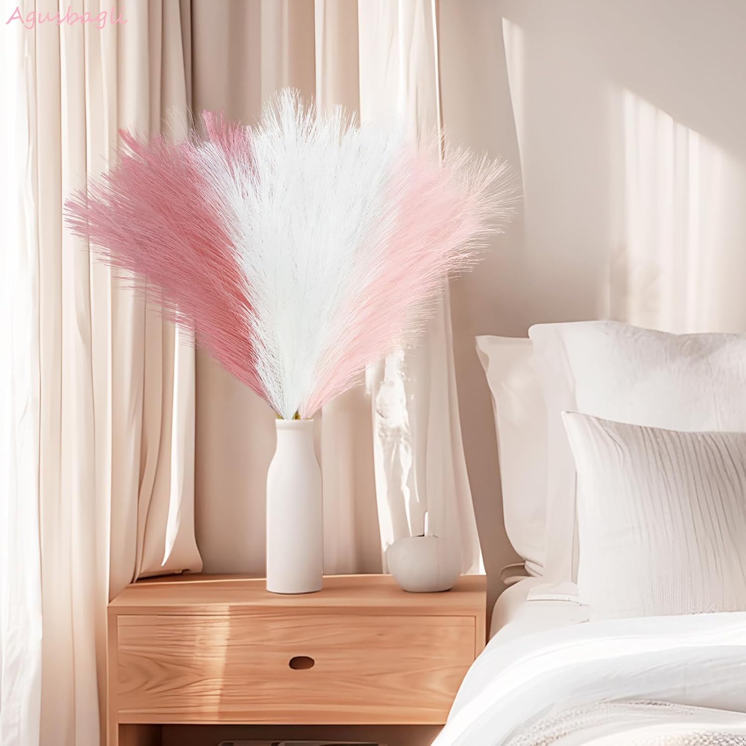 Agusbagli 150pcs Pink Faux Pampas Grass, 21.6in Fluffy Artificial Colored Pompas Grass Short Blush Fake Pampas Stems Vase Filler Flower Arrangement for Home Wedding Centerpieces Boho Decor