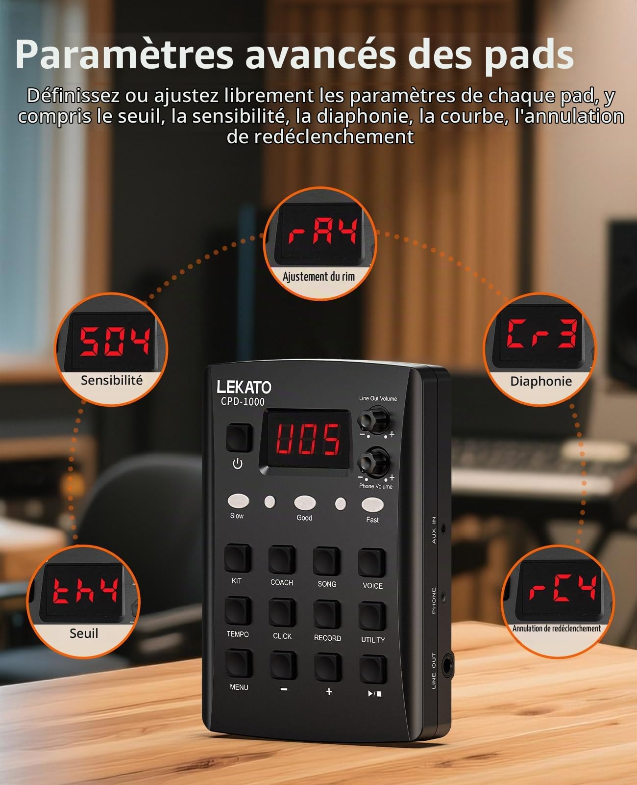 LEKATO CPD-1000 Batterie électronique avec coussinets en maille silencieuse, batterie électrique portable, plus de 220 sons, USB MIDI, 2 pédaliers robustes, bâtons, sac de voyage