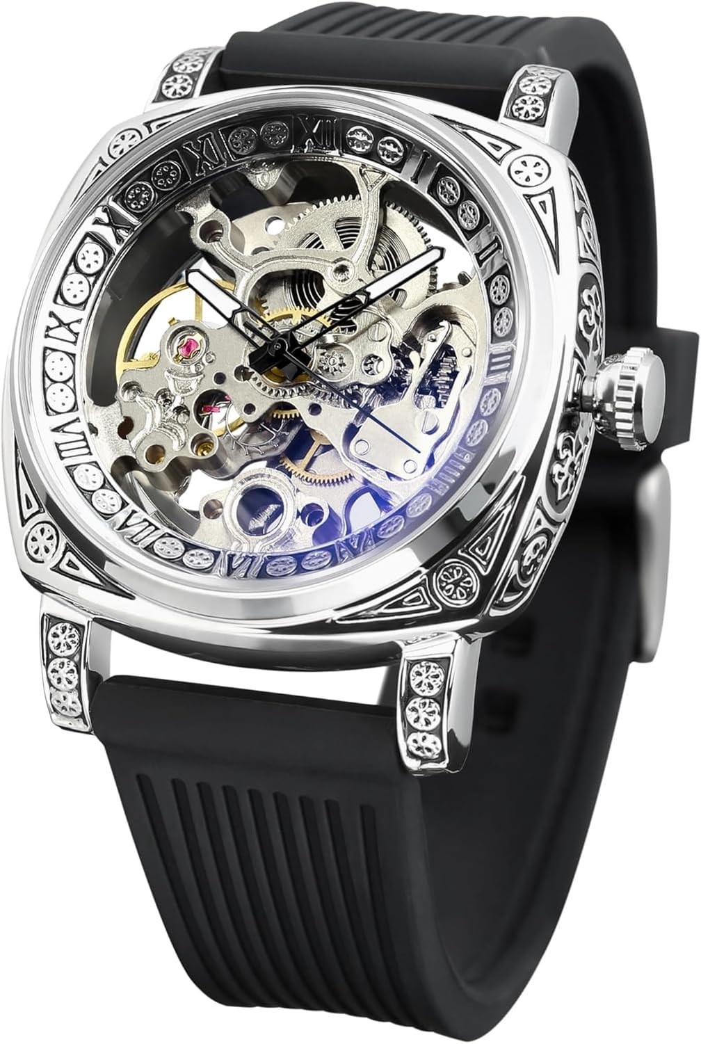 Wuufake Wrist Watch for Men Black Numeral Dial Square Stainless Steel Retro Vintage Skeleton Automatic Self-Wind Leather Strap Timepiece, Black_new