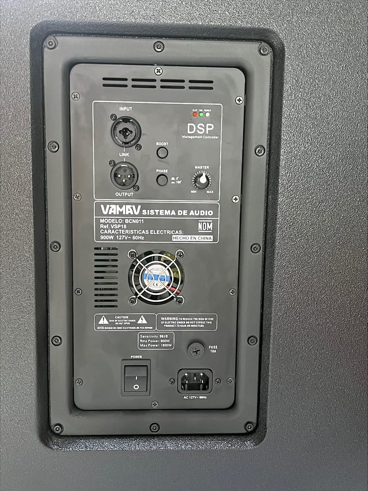Rear panel of the Vamav VSP18 Subwoofer showing input, output, and control knobs