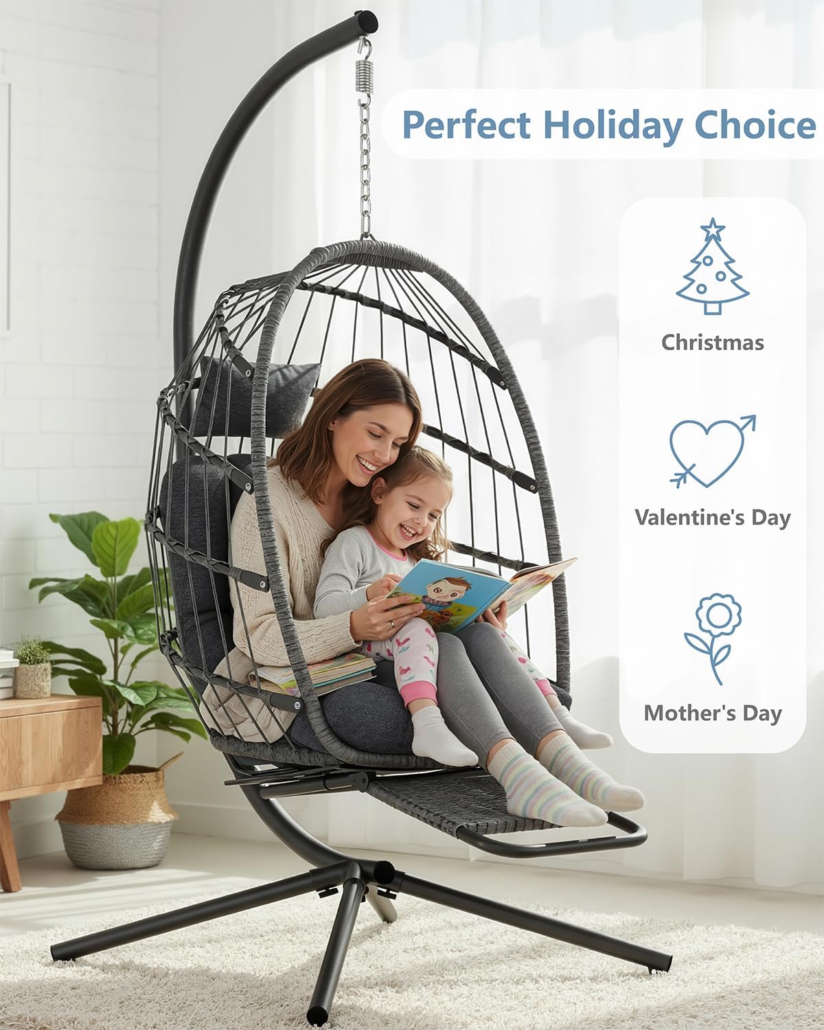 SWITTE Egg Chair Outdoor with Footrest & Stand, Indoor Wicker Hanging Egg Swing Hammock Chair with Cushion for Patio, Bedroom, Garden - Dark Gray