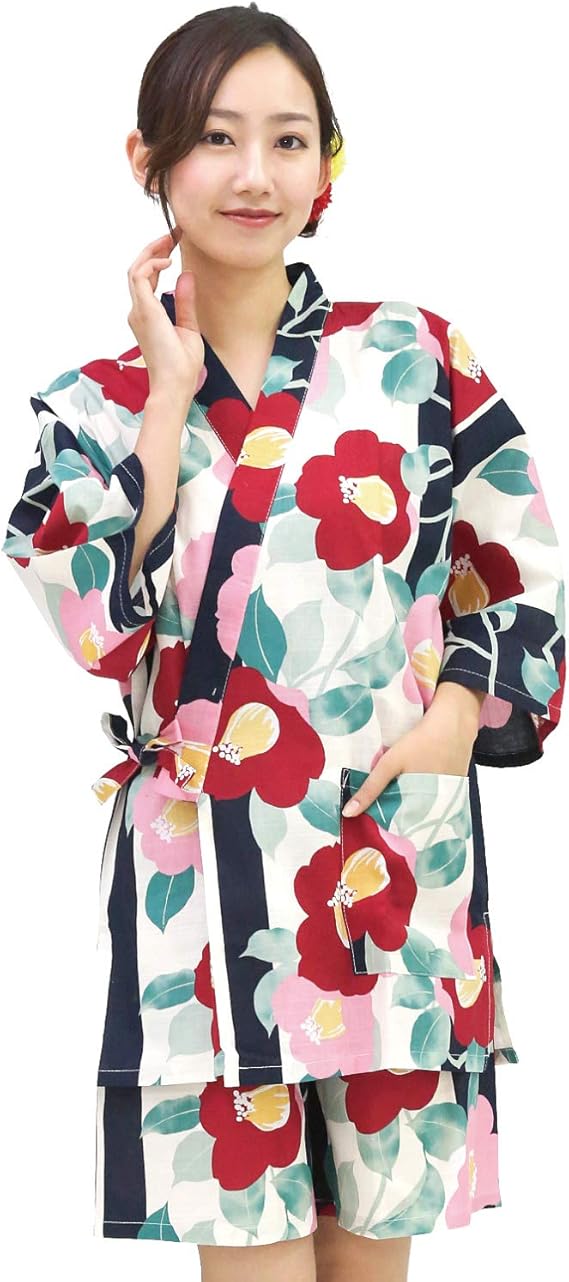 Amazon Co Jp 12 甚平 レディース 上下セット 綿100 花火大会 夏祭り 涼しい ルームウェア お部屋着 パジャマ 浴衣柄 和柄 椿に縞 ｓサイズ ファッション