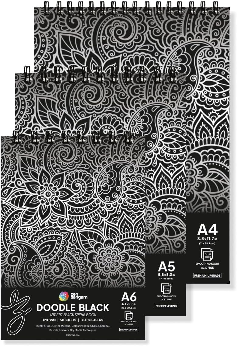 Zen Sangam Artistsโ Spiral 120 GSM Black Paper Sketchbook - Landscape - Smooth Surface - Offer Set1 - A4,A5,A6 (150 Sheets) for Color Pencils,Fineliners,Crayons,Oil Pastels,Wax Crayons,Charcoal