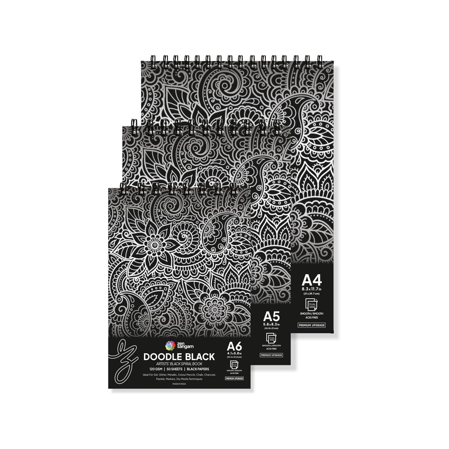 Zen Sangam Artists’ Spiral 120 GSM Black Paper Sketchbook - Landscape - Smooth Surface - Offer Set1 - A4,A5,A6 (150 Sheets) for Color Pencils,Fineliners,Crayons,Oil Pastels,Wax Crayons,Charcoal