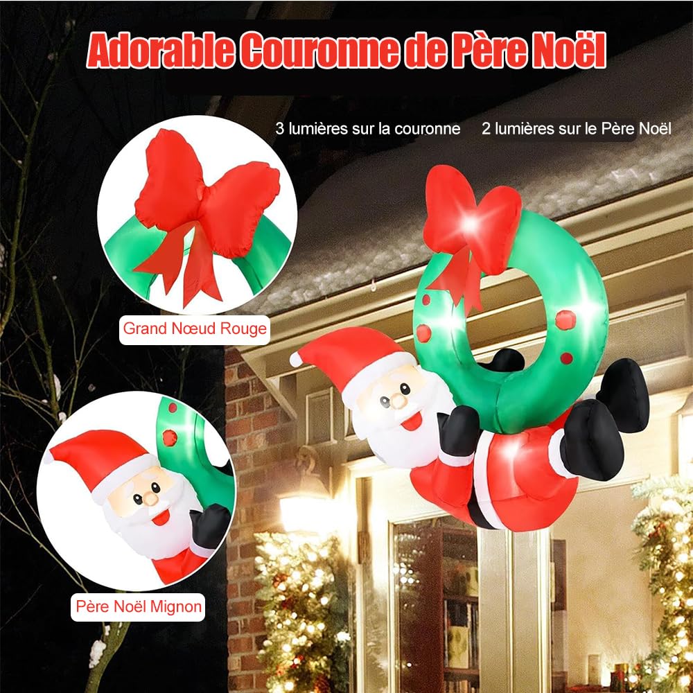 SOARS Decoration Noel, Père Noël Gonflable 120 X 50 X 120CM avec 5 lumières | LED Résistant aux Intempéries, Couronne de Noël Porte, Fenêtre, Deco Noel Extérieur Interieur Maison pour Cour, Jardin