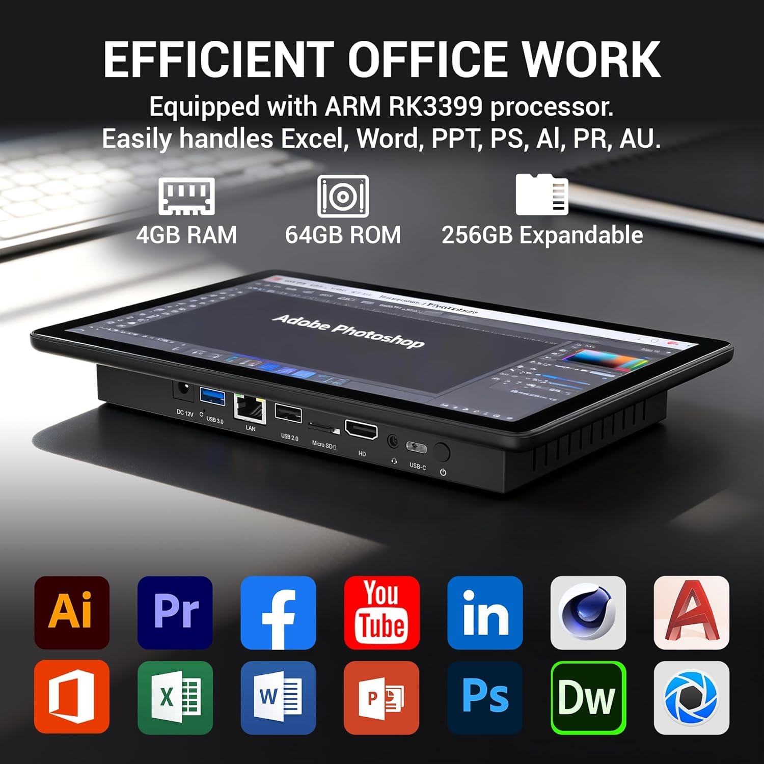 Lüfterloser All-in-One Touchscreen-Computer RK3399, Industrie-Panel-PC 10,1 Zoll Robust Android 12, 4GB RAM, 64GB ROM, 1280x800 IPS