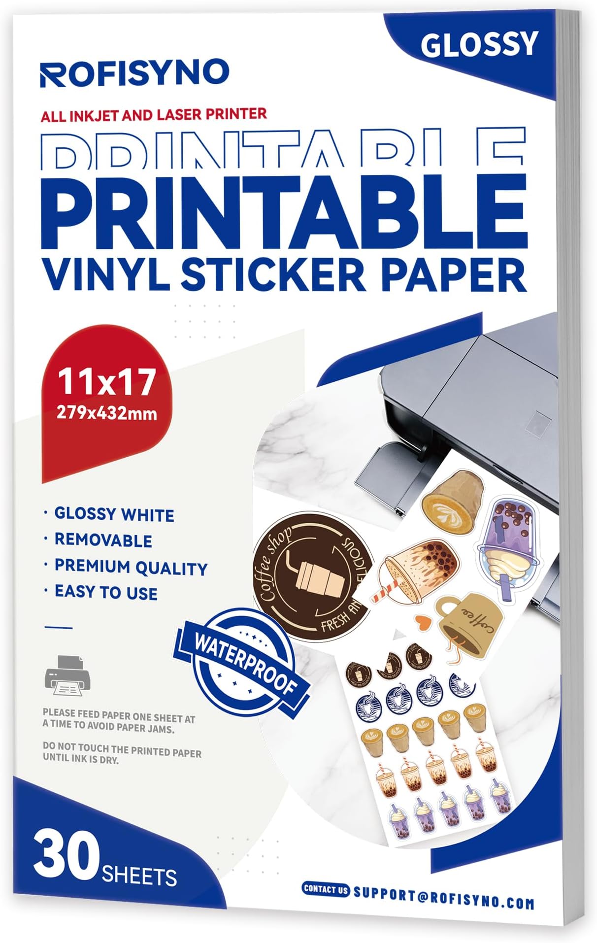 11x17 Printable Vinyl Sticker Paper Waterproof, Removable Self Adhesive Vinyl Sticker Sheets for Inkjet and Laser printer, 30 Pack, Tabloid Size, Glossy White