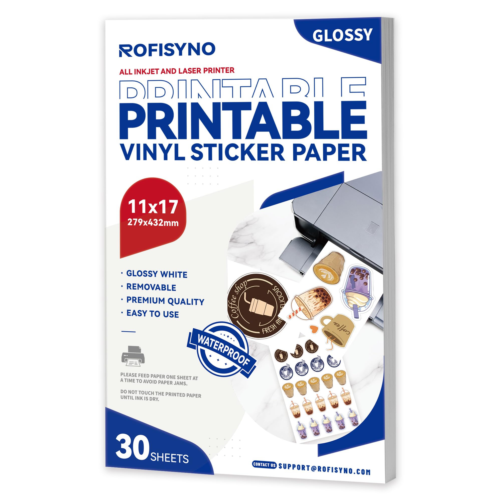 Photo 1 of 11x17 Printable Vinyl Sticker Paper Waterproof, Removable Self Adhesive Vinyl Sticker Sheets for Inkjet and Laser printer, 30 Pack, Tabloid Size, Glossy White