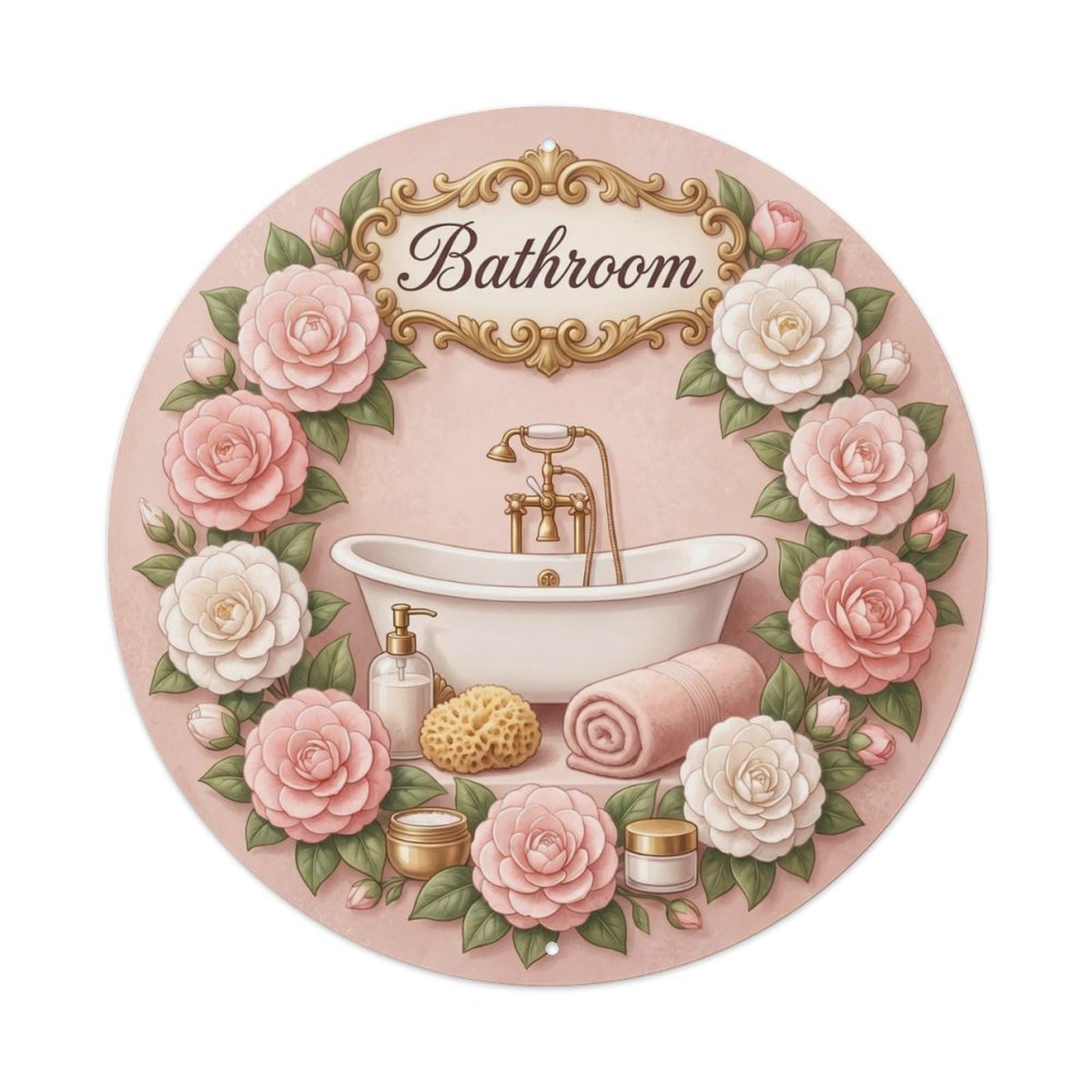 Bathroom Camellia Round Bathroom Metal Tin Sign