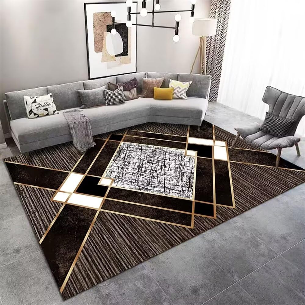 Tapis de salon durable à motif géométrique moderne marron