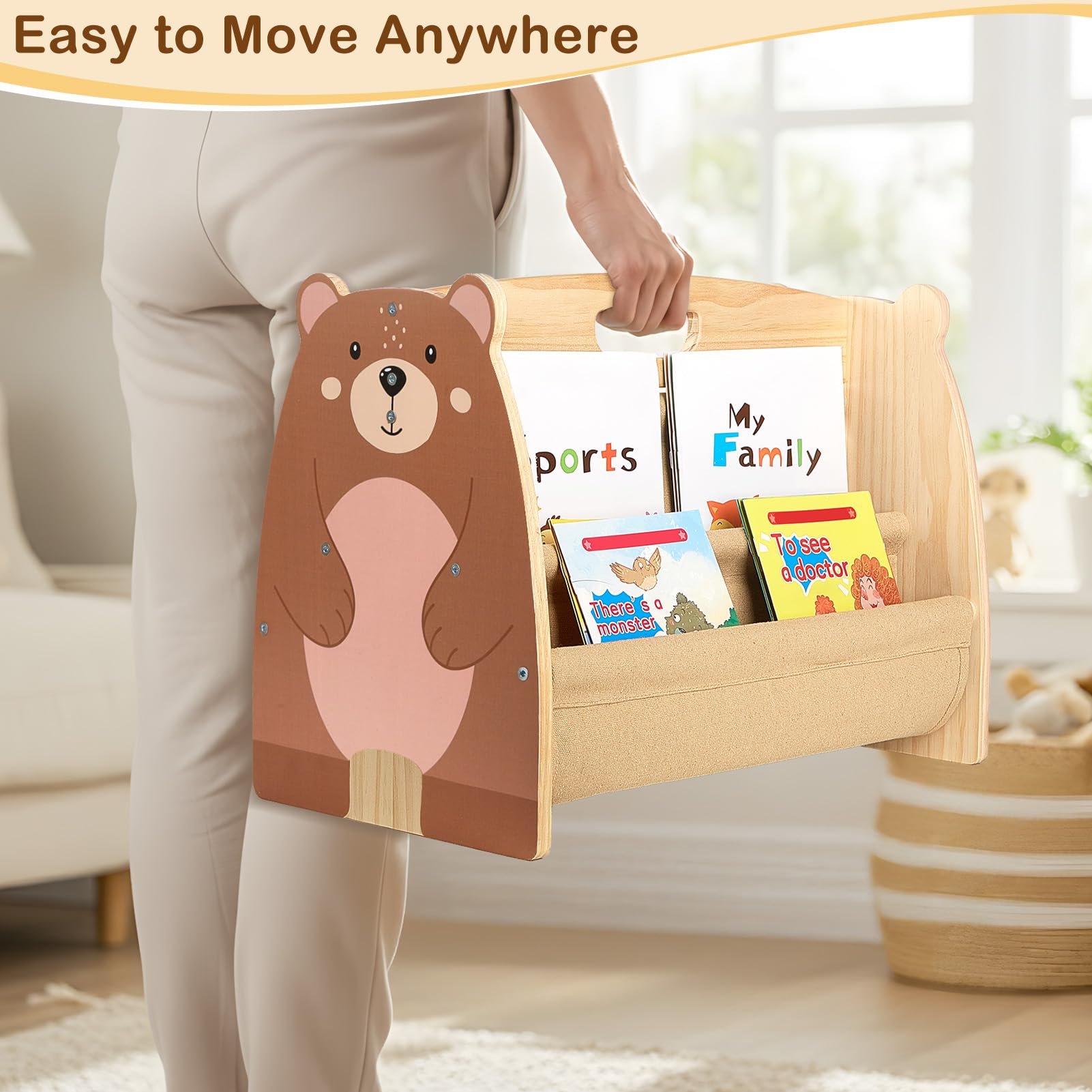 SheSeek Toddler Bookshelf Double-Sided with 4 Tier Deep Sleeves Kids Wooden Montessori Book Rack for Baby Nursery Room, Playroom, Classroom or Bedroom Bookcase Storage Organizer, Brown Bear