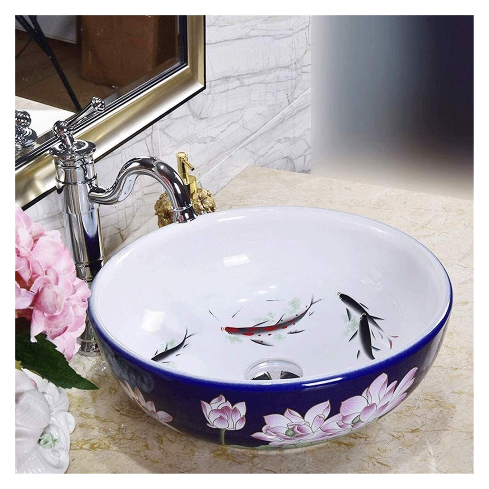 TIANQIHAO Vanity Unit With Basin,Bathroom Basin Vessels Sink Countertop Basin, Wash Basin Ceramic Above Counter Bathroom Vessel Sink European Pastoral Style Round Porcelain Washing