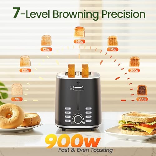 Miniatura 4 de Topzee Tostadora de 2 rebanadas, ranura ancha para tostar panes sin gluten, 7 ajustes de sombra, descongelar y recalentar, acero inoxidable, fácil