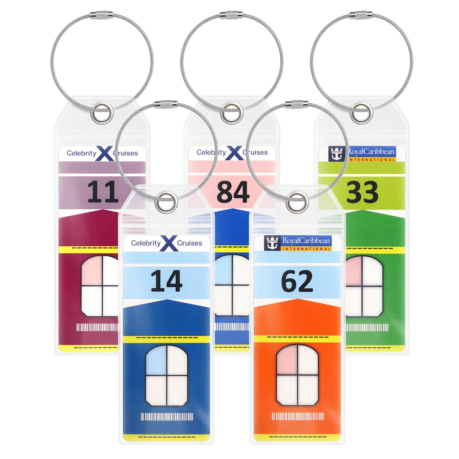 Cruise Luggage Tag Holders Slim (5 Pack) - Clear Waterproof PVC Tags with Zip Seal & Steel Loops – Cruise Essentials Travel Accessory for Ship Suitcase Tickets - Celebrity Cruises and Royal Caribbean