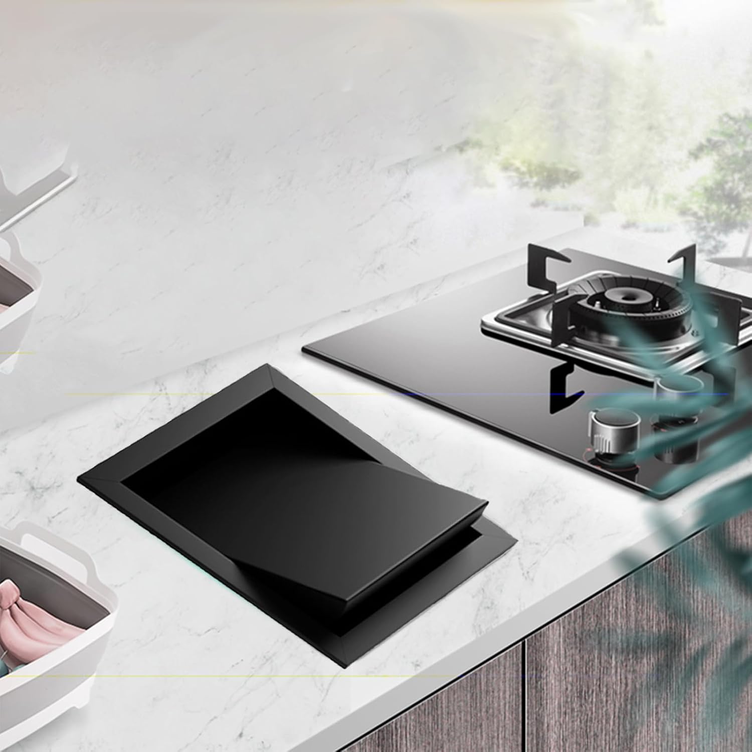 Stainless Steel Embedded Trash Bin Lid, Countertop Built in Balance Flap Cover, Simple Waste Chute, Swing Plastic Trash Can for Kitchen Bathroom Office,Black-430Material