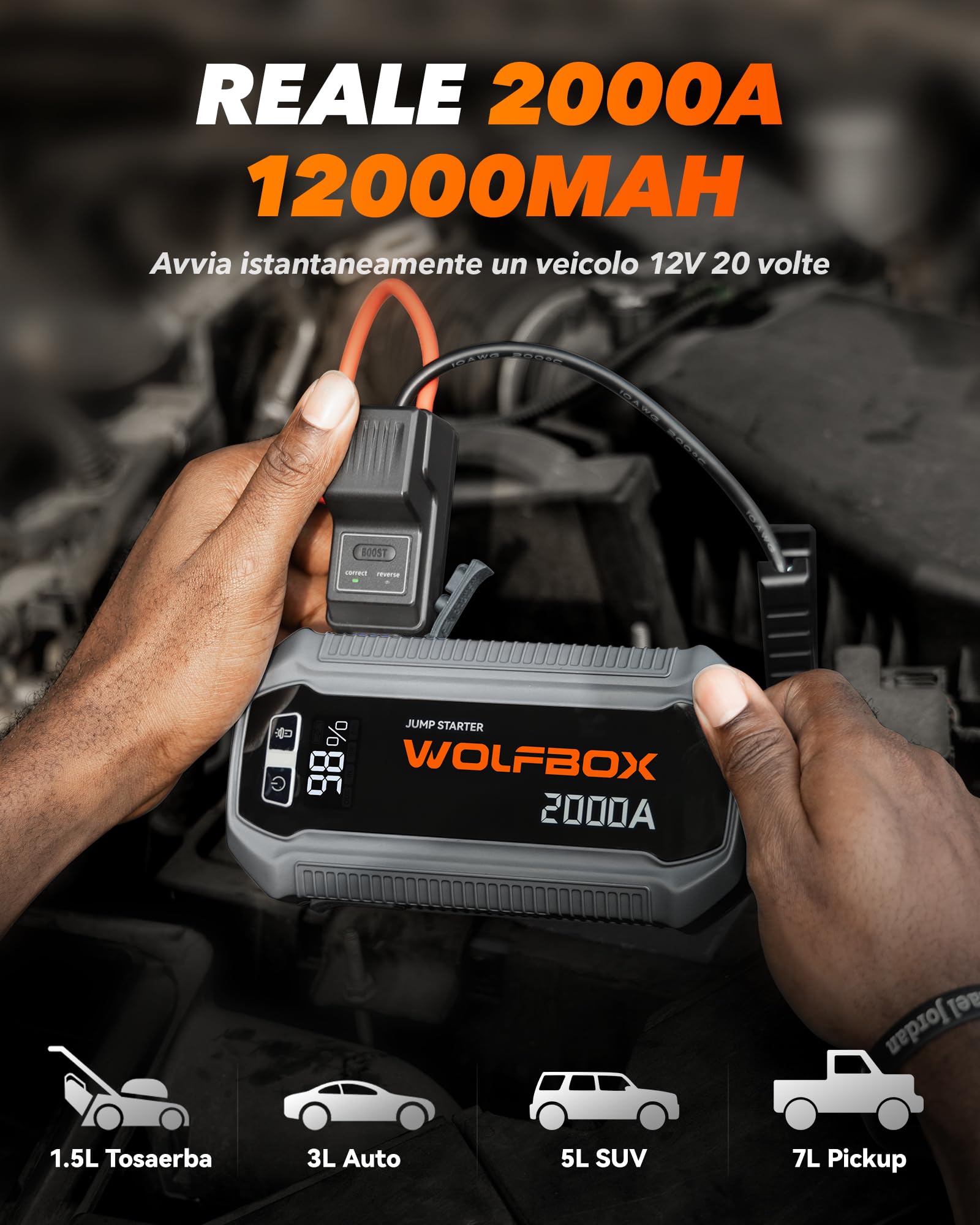 WOLFBOX Booster Avviamento Auto, 2000A Avviatore Emergenza per auto/moto(7L Benzina o 6L Diesel), starter batteria auto portatile con Booster Torcia a LED