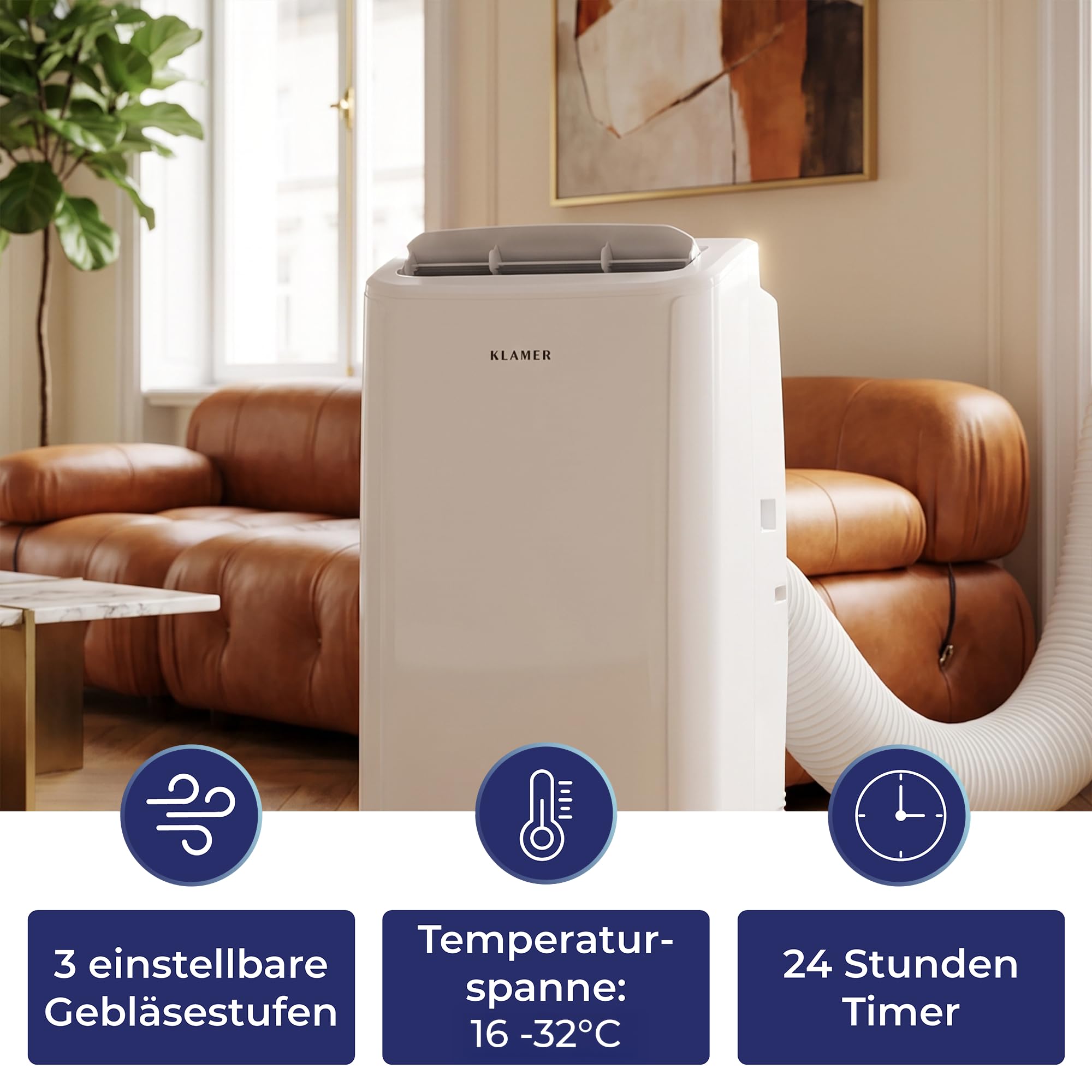 KLAMER Mobile Klimaanlage 12000 BTU, bis 43m², 3-in-1, Abluftschlauch | Kühlung, Ventilation & Luftentfeuchtung, 3 Gebläsestufen, 24h Timer, Nachtmodus, Fernbedienung, R290 Kältemittel