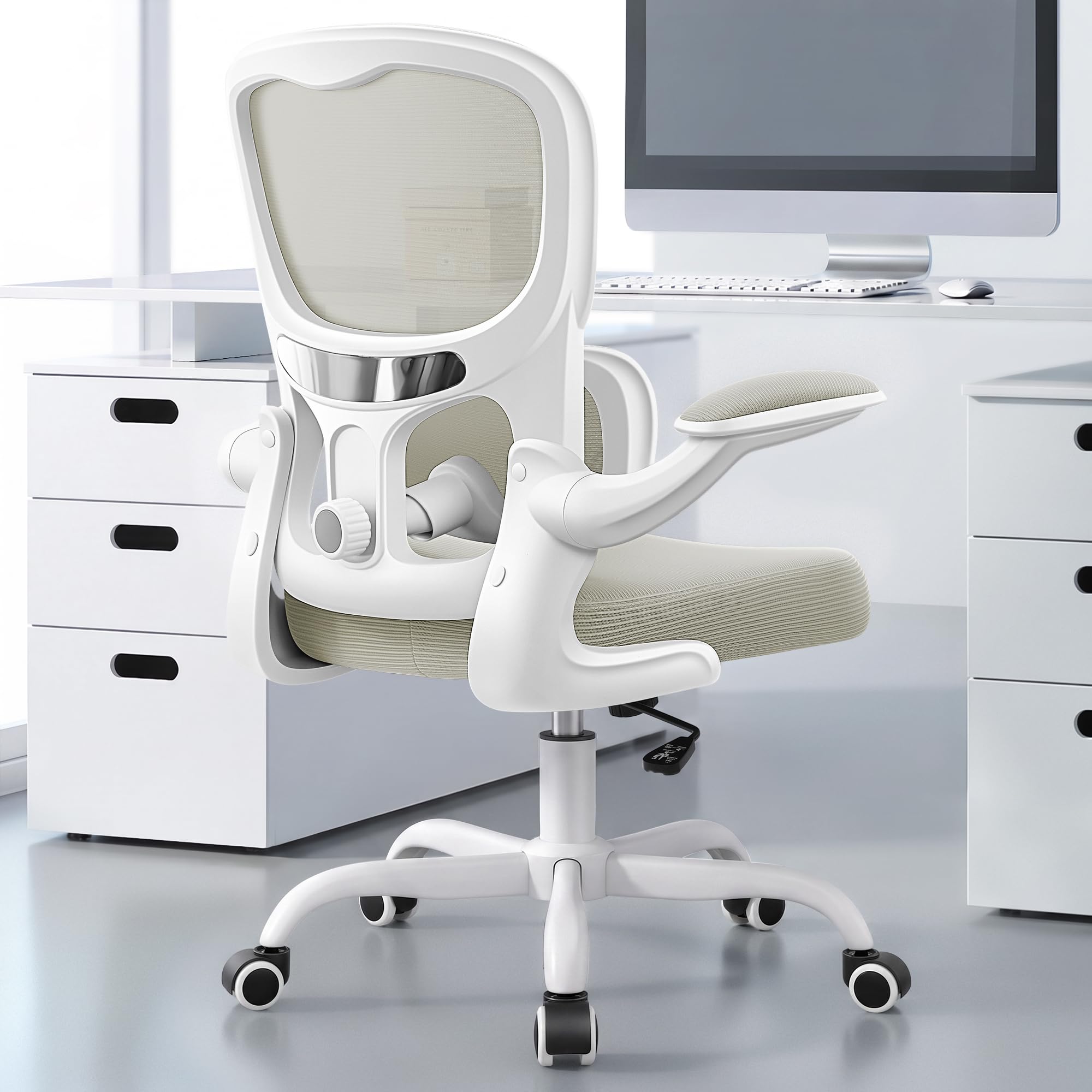 ALLGOD Ergonomic Office Chair, Breathable Mesh Ergonomic Desk Chair with Adjustable Lumbar Support, Flip-up Armrests, Computer Chairs Comfortable for Home, Office, Work, 300lbs, White, Upgrade