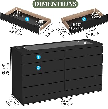 Gyfimoie 8 Drawer Dresser with Power Outlet, Modern Chest of Drawers with LED Light & Glass Top, Wood Double Dresser TV Stand with Organizer Storage for Bedroom, Living Room, Closet (Black)