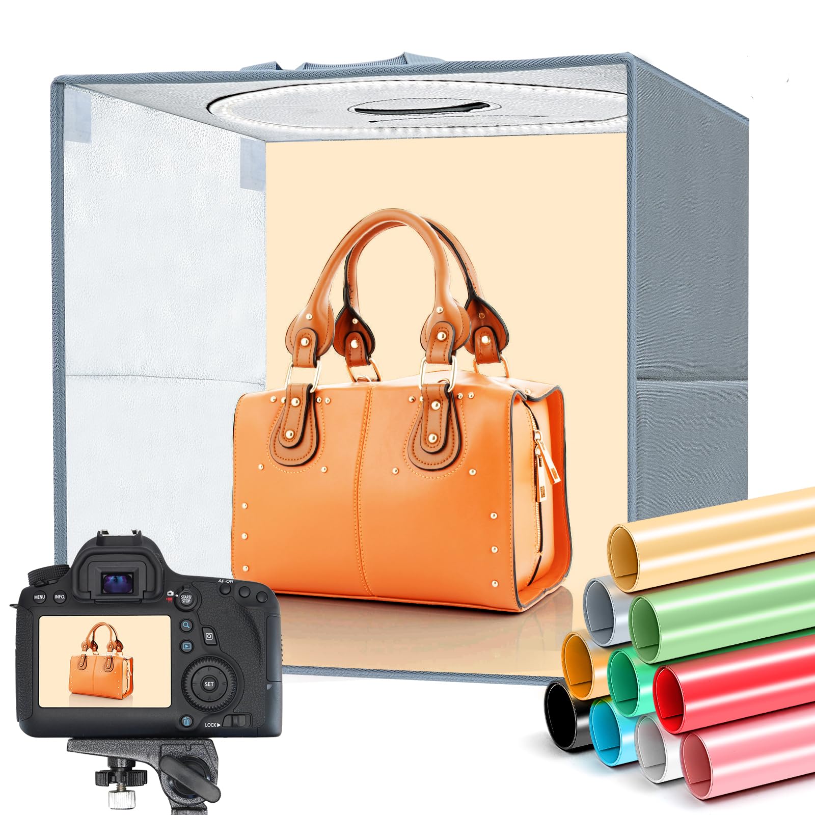 PULLINE Light Box Photography, 16x16 Inch 224 LED Portable Photo Box, 10 Color Photo Backdrops, CRI 95 Professional Folding Photo Studio Lightbox, 3200K-6000K Stepless Dimmable Shooting Tent Kit