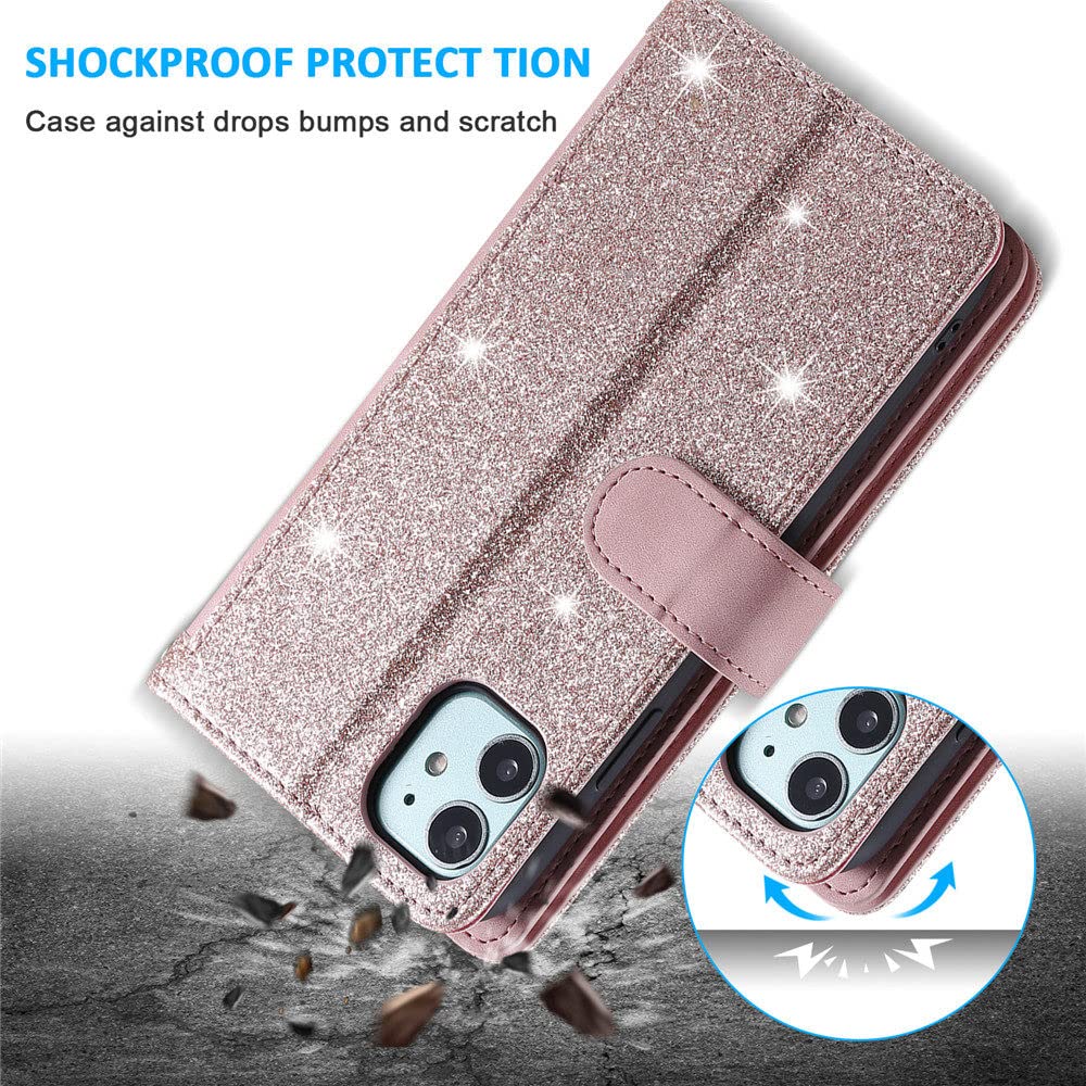 Coque magnétique à Rabat pour iPhone 14 13 12 11 Mini Pro XS Max XR X 7 8 6 6s Plus SE 2020 2022 Portefeuille Téléphone Card Slots Housse en Cuir, Or Rose, pour iPhone SE3 2022