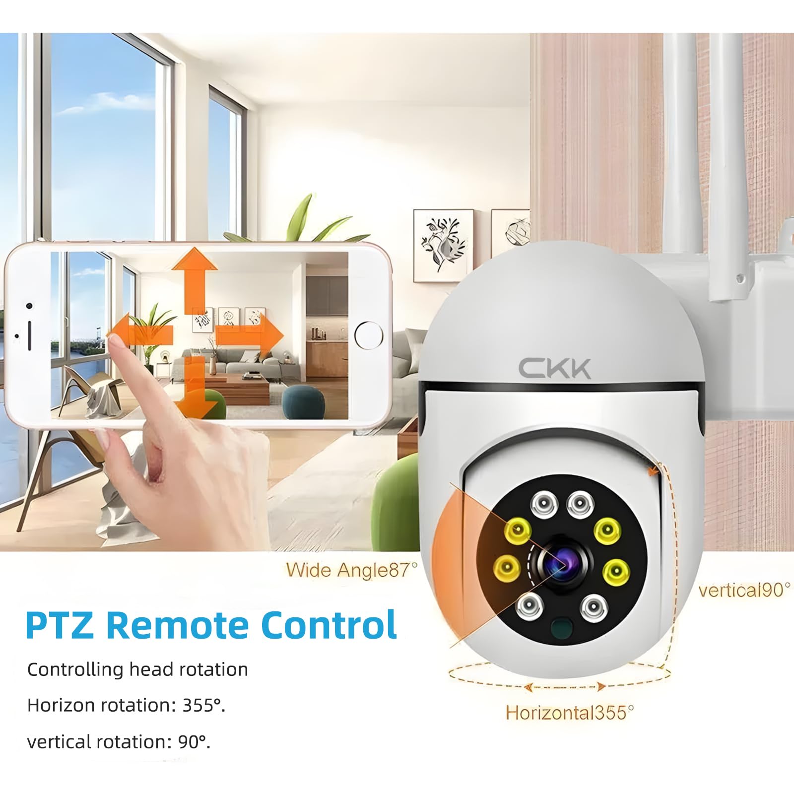CKK Bezprzewodowa kamera bezpieczeństwa 1080P, 2 MP PTZ WiFi kamera domowa (dwupasmowa 2,4 g/5 G), panorama/pochylenie 360°, noktowizor, powiadomienia o ruchu, 2-drożny dźwięk, kompatybilna z Alexa